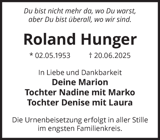Traueranzeige von Roland Hunger von WochenKurier