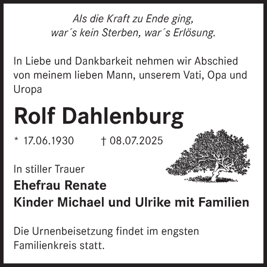 Traueranzeige von Rolf Dahlenburg von WochenKurier