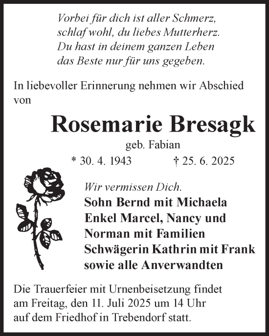 Traueranzeige von Rosemarie Bresagk von WochenKurier