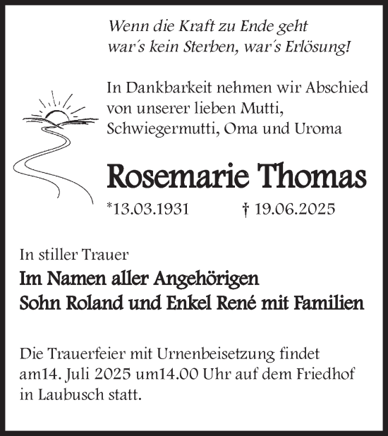 Traueranzeige von Rosemarie Thomas von WochenKurier