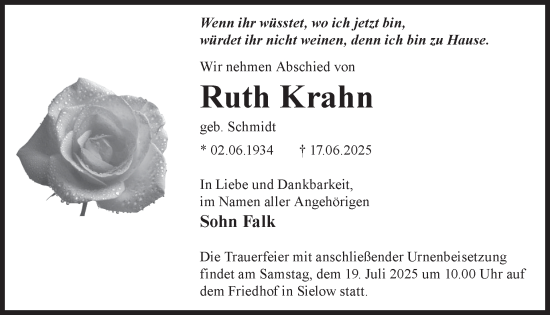 Traueranzeige von Ruth Krahn von WochenKurier