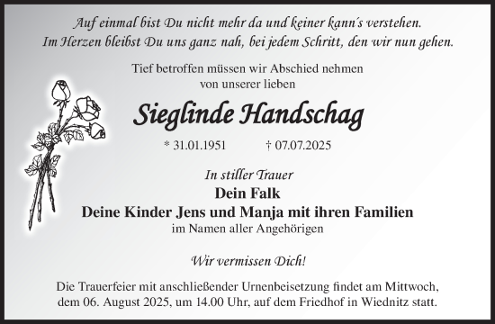 Traueranzeige von Sieglinde Handschag von WochenKurier