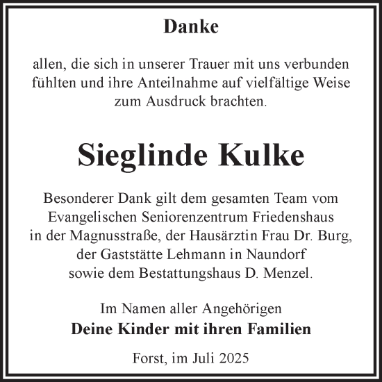 Traueranzeige von Sieglinde Kulke von WochenKurier