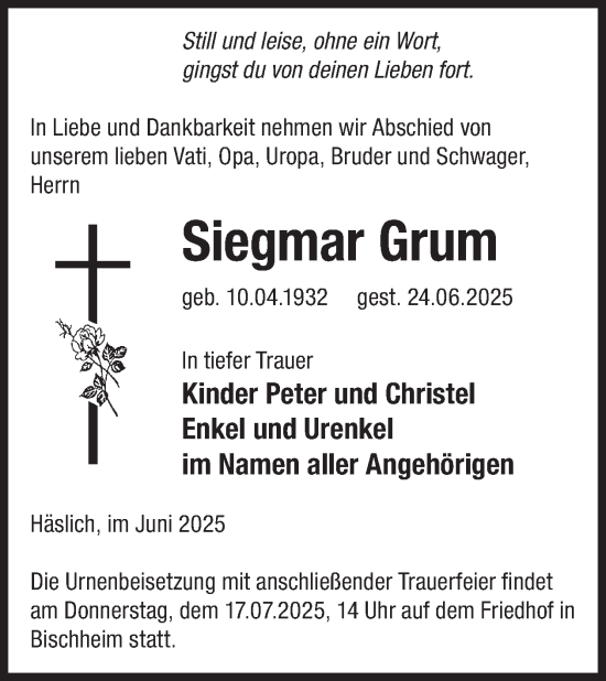 Traueranzeige von Siegmar Grum von WochenKurier