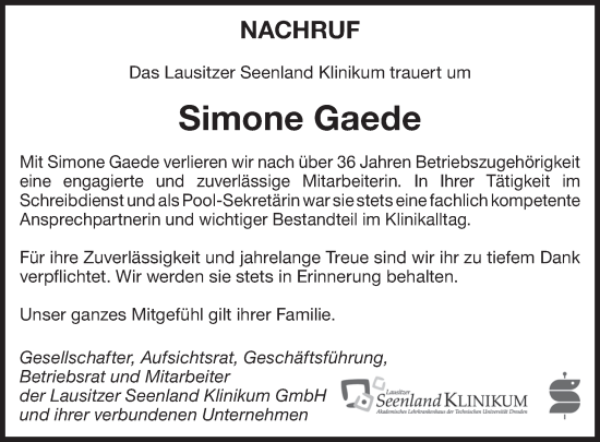 Traueranzeige von Simone Gaede von WochenKurier