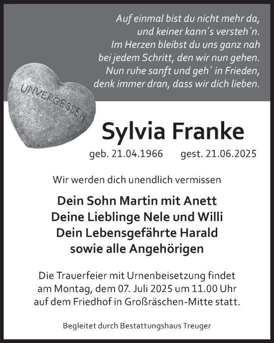 Traueranzeige von Sylvia Franke von WochenKurier