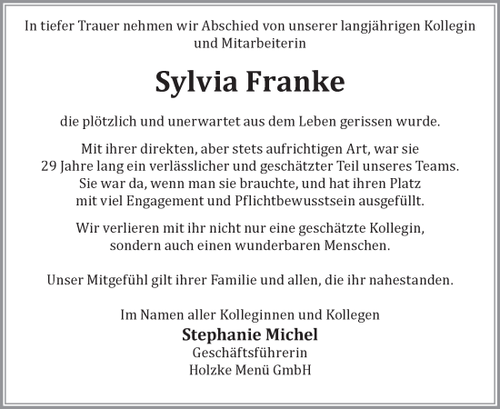 Traueranzeige von Sylvia Franke von WochenKurier