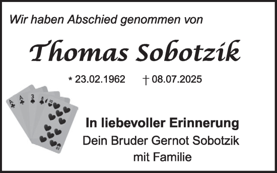 Traueranzeige von Thomas Sobotzik von WochenKurier