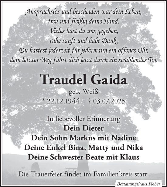 Traueranzeige von Traudel Gaida von WochenKurier