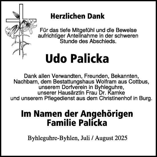 Traueranzeige von Udo Palicka von WochenKurier