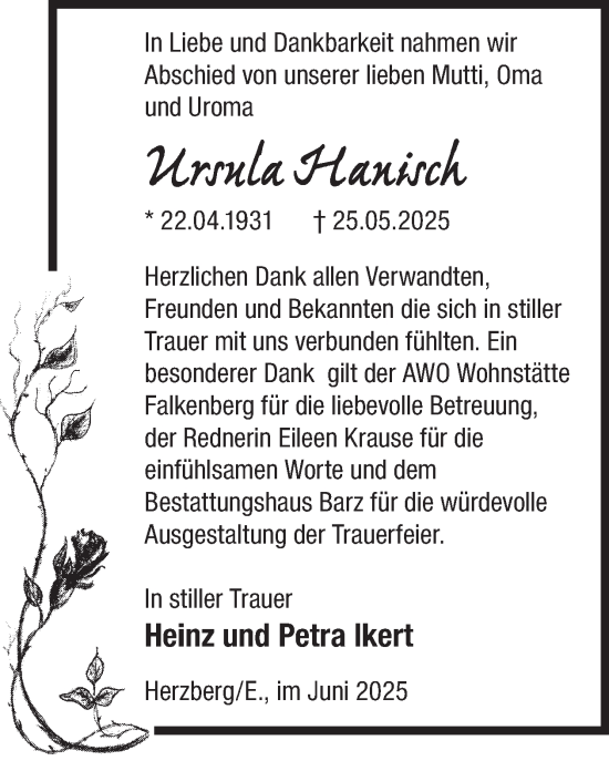 Traueranzeige von Ursula Hanisch von WochenKurier