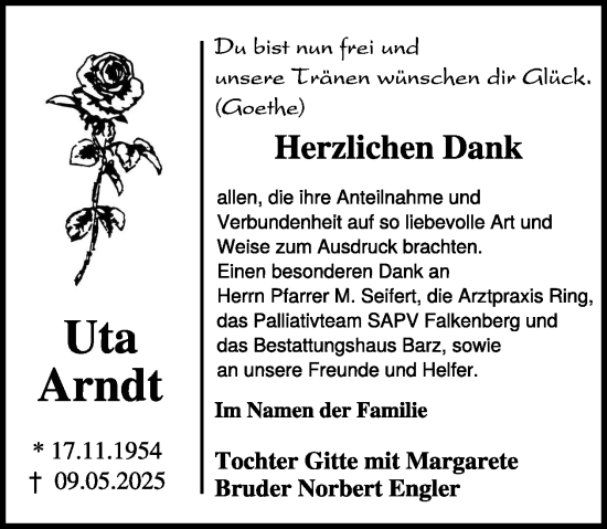Traueranzeige von Uta Arndt von WochenKurier