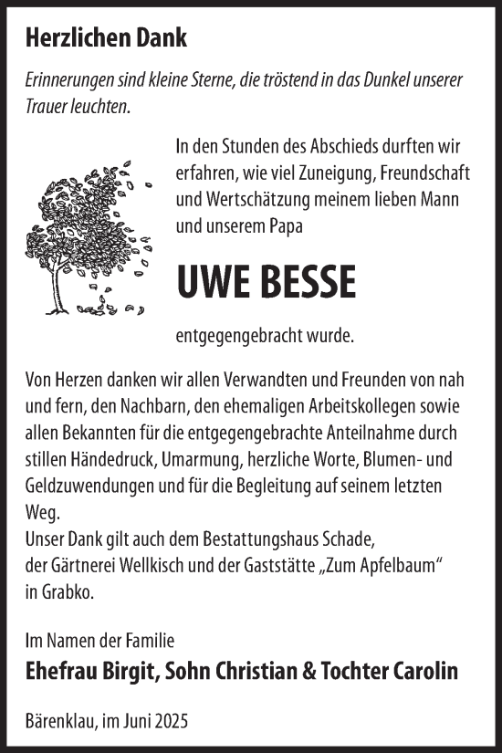 Traueranzeige von Uwe Besse von WochenKurier