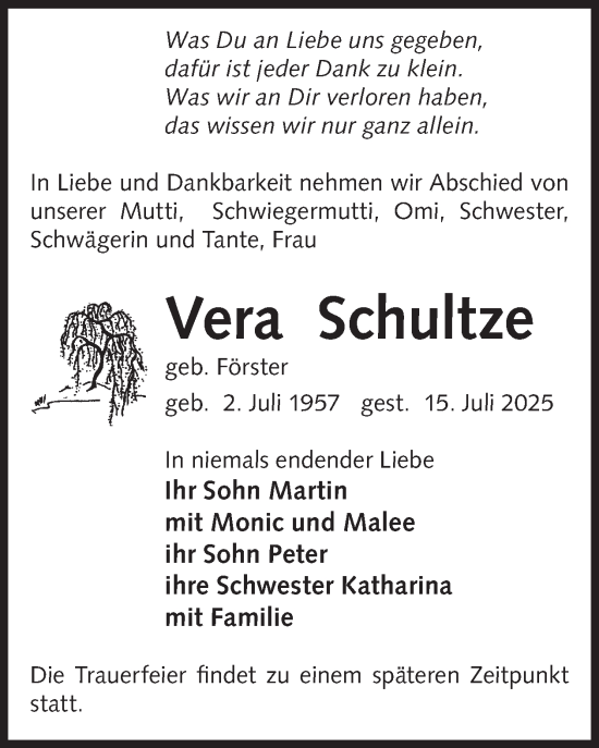Traueranzeige von Vera Schultze von WochenKurier