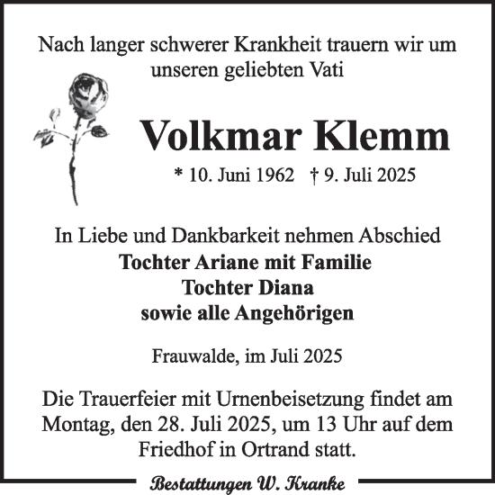 Traueranzeige von Volkmar Klemm von WochenKurier