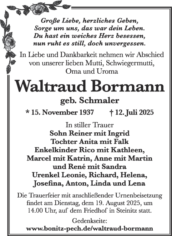 Traueranzeige von Waltraud Bormann von WochenKurier