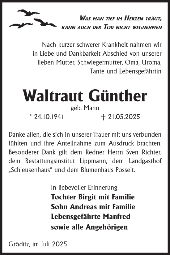 Traueranzeige von Waltraut Günther von WochenKurier