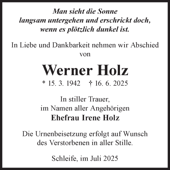 Traueranzeige von Werner Holz von WochenKurier