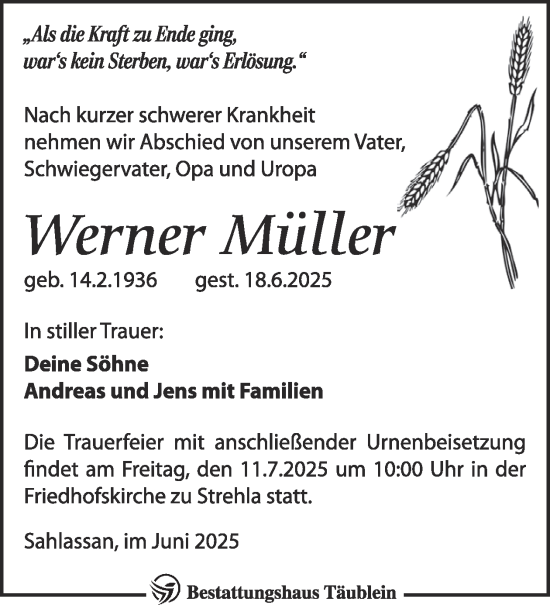 Traueranzeige von Werner Müller von WochenKurier