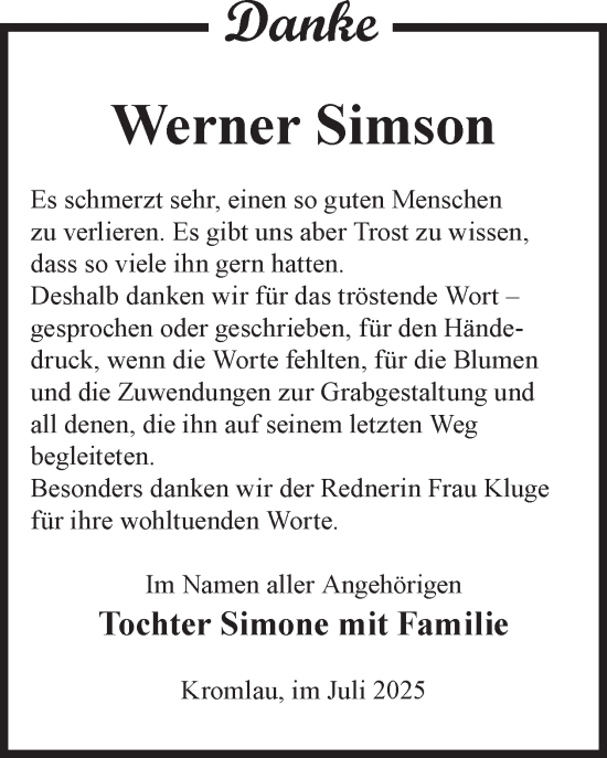 Traueranzeige von Werner Simson von WochenKurier