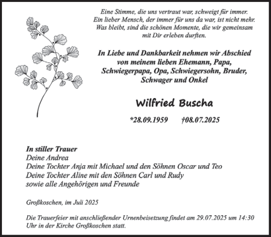 Traueranzeige von Wilfried Buscha von WochenKurier