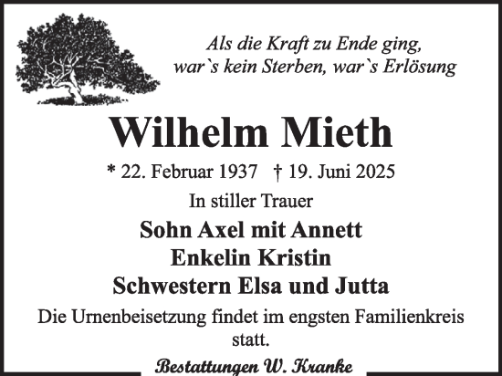 Traueranzeige von Wilhelm Mieth von WochenKurier