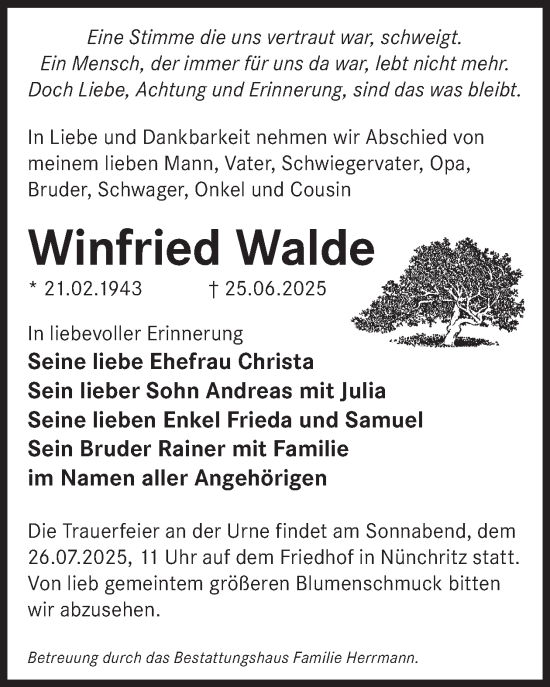 Traueranzeige von Winfried Walde von WochenKurier