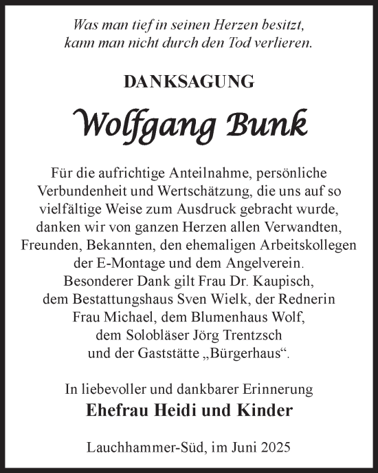 Traueranzeige von Wolfgang Bunk von WochenKurier
