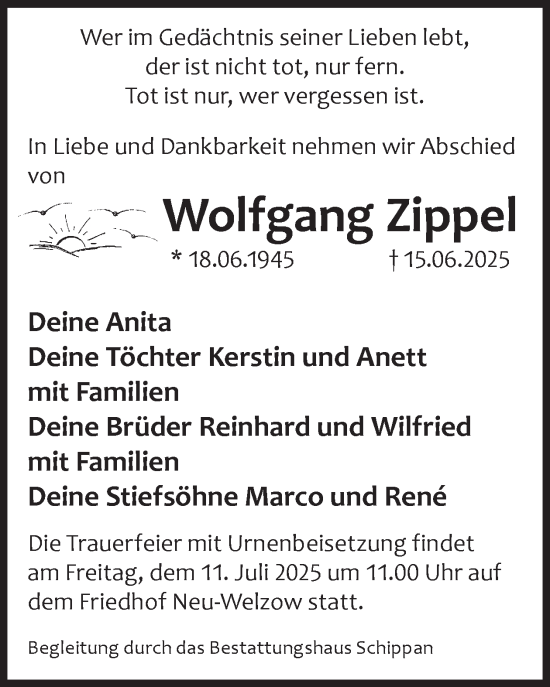 Traueranzeige von Wolfgang Zippel von WochenKurier