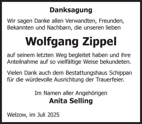 Traueranzeige von Wolfgang Zippel von WochenKurier