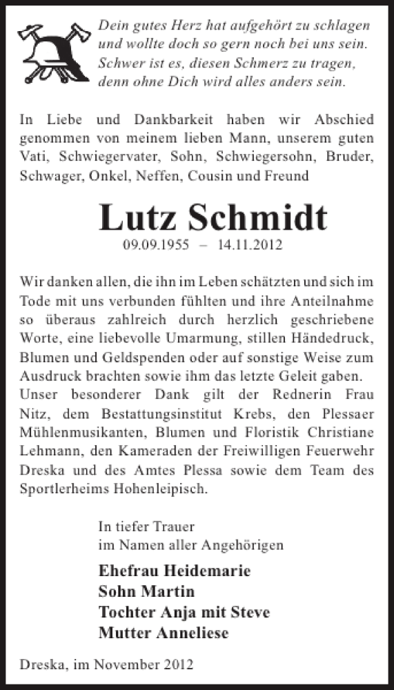  Traueranzeige für Lutz Schmidt vom 05.12.2012 aus WochenKurier