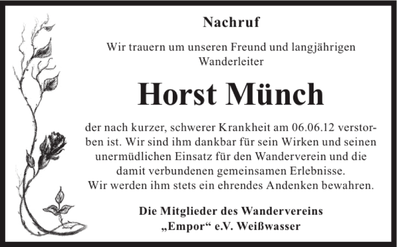  Traueranzeige für Horst Münch vom 13.06.2012 aus WochenKurier