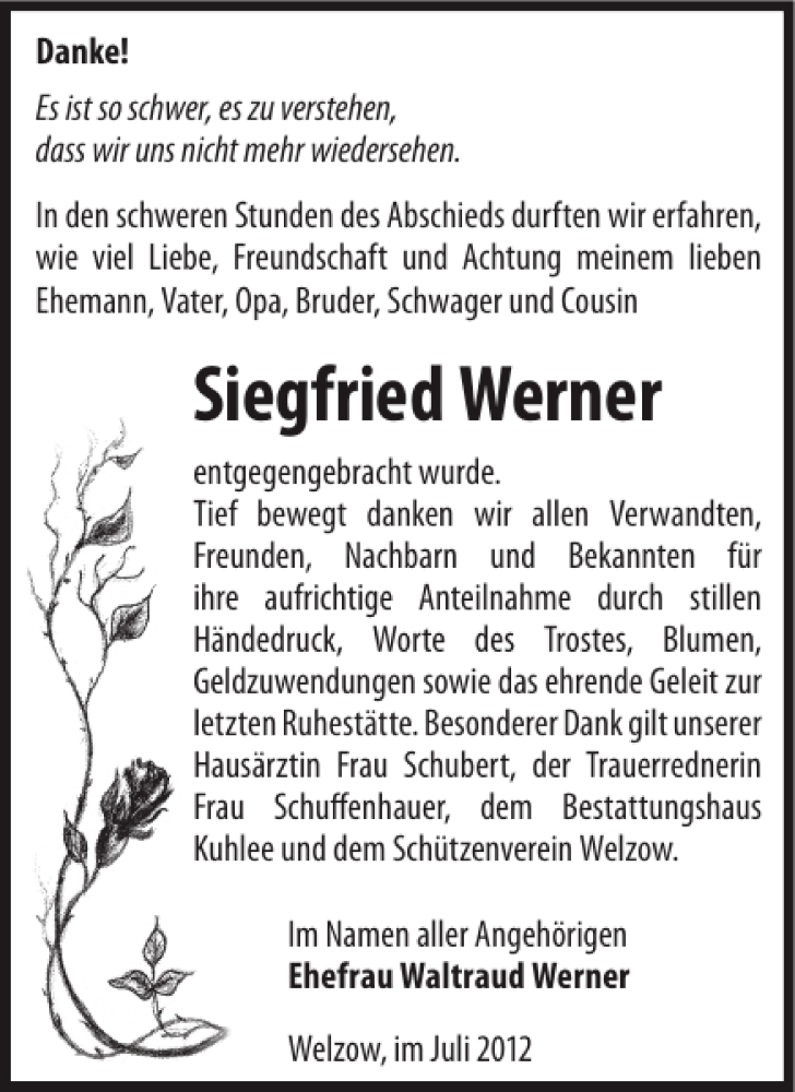  Traueranzeige für Siegfried Werner vom 11.07.2012 aus WochenKurier