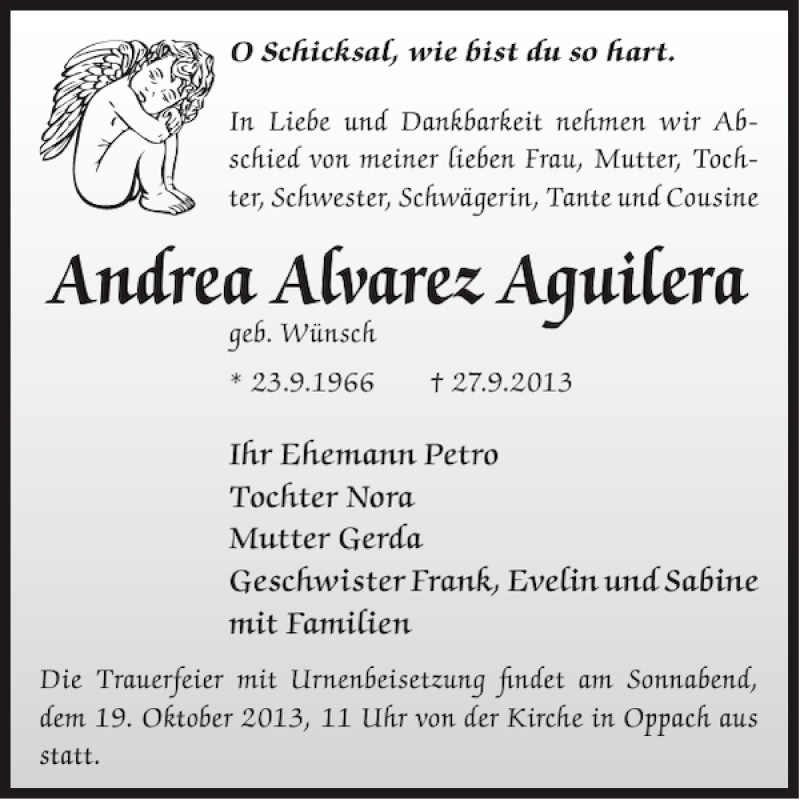  Traueranzeige für Andrea Alvarez Aguilera vom 09.10.2013 aus WochenKurier