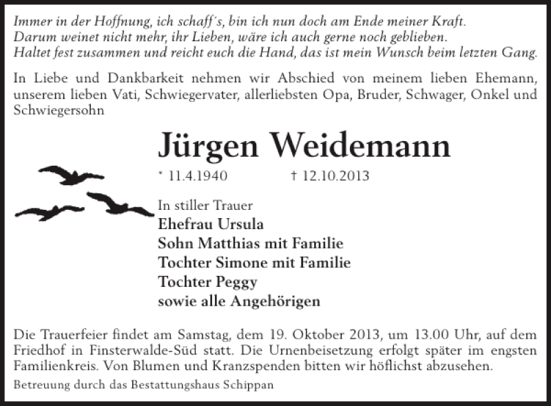  Traueranzeige für Jürgen Weidemann vom 16.10.2013 aus WochenKurier