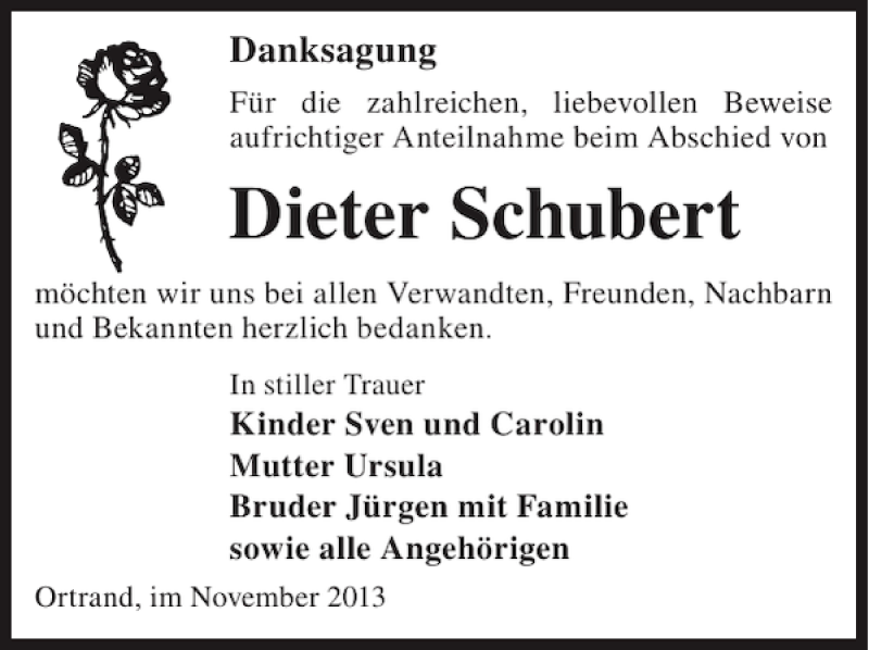  Traueranzeige für Dieter Schubert vom 13.11.2013 aus WochenKurier