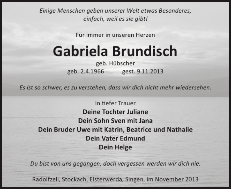  Traueranzeige für Gabriela Brundisch vom 27.11.2013 aus WochenKurier