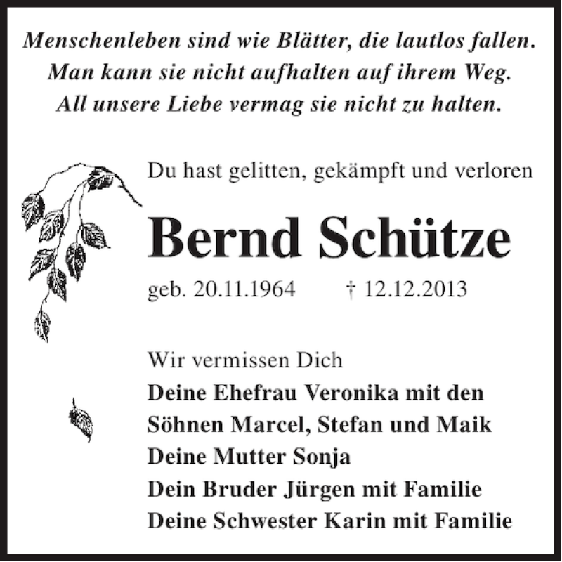  Traueranzeige für Bernd Schütze vom 18.12.2013 aus WochenKurier