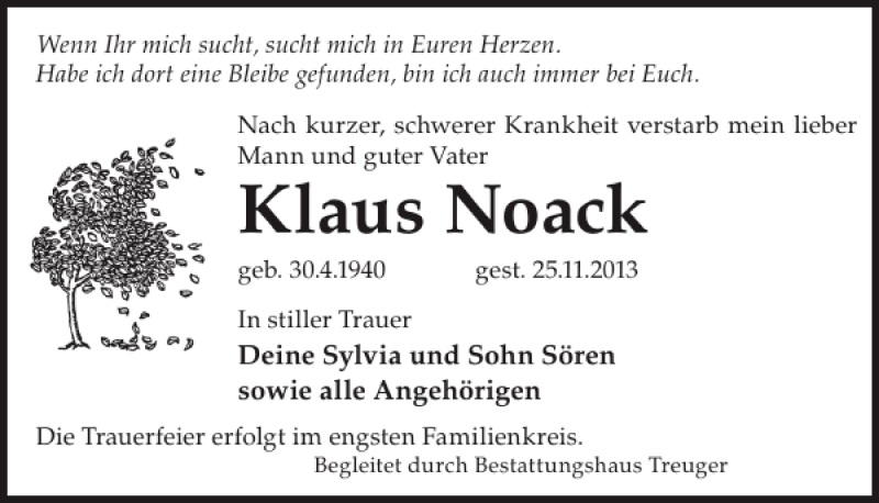  Traueranzeige für Klaus Noack vom 04.12.2013 aus WochenKurier