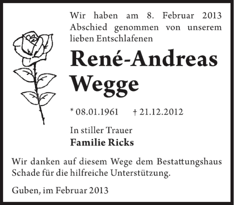  Traueranzeige für René-Andreas Wegge vom 27.02.2013 aus WochenKurier