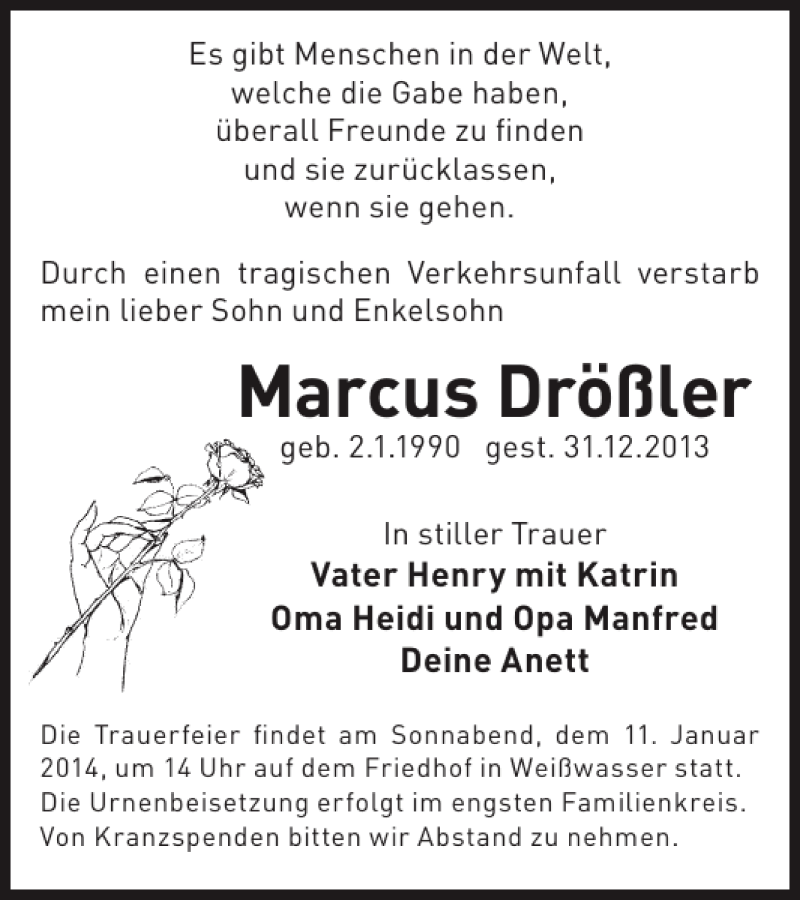  Traueranzeige für Marcus Drößler vom 08.01.2014 aus WochenKurier