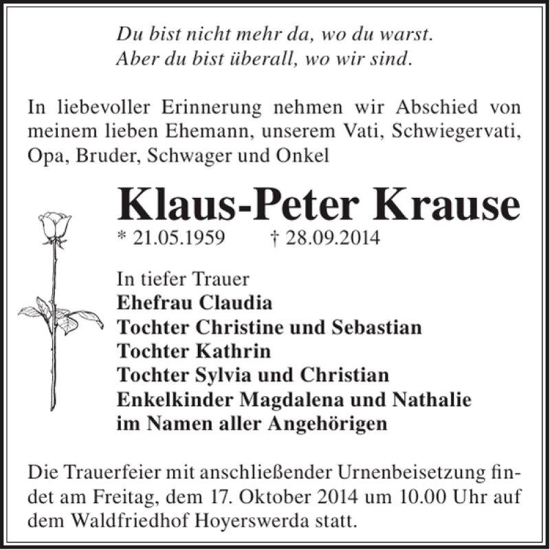  Traueranzeige für Klaus-Peter Krause vom 08.10.2014 aus WochenKurier