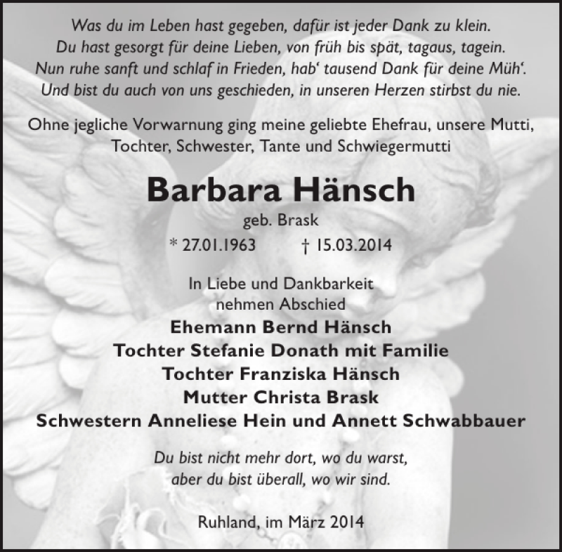  Traueranzeige für Barbara Hänsch vom 19.03.2014 aus WochenKurier