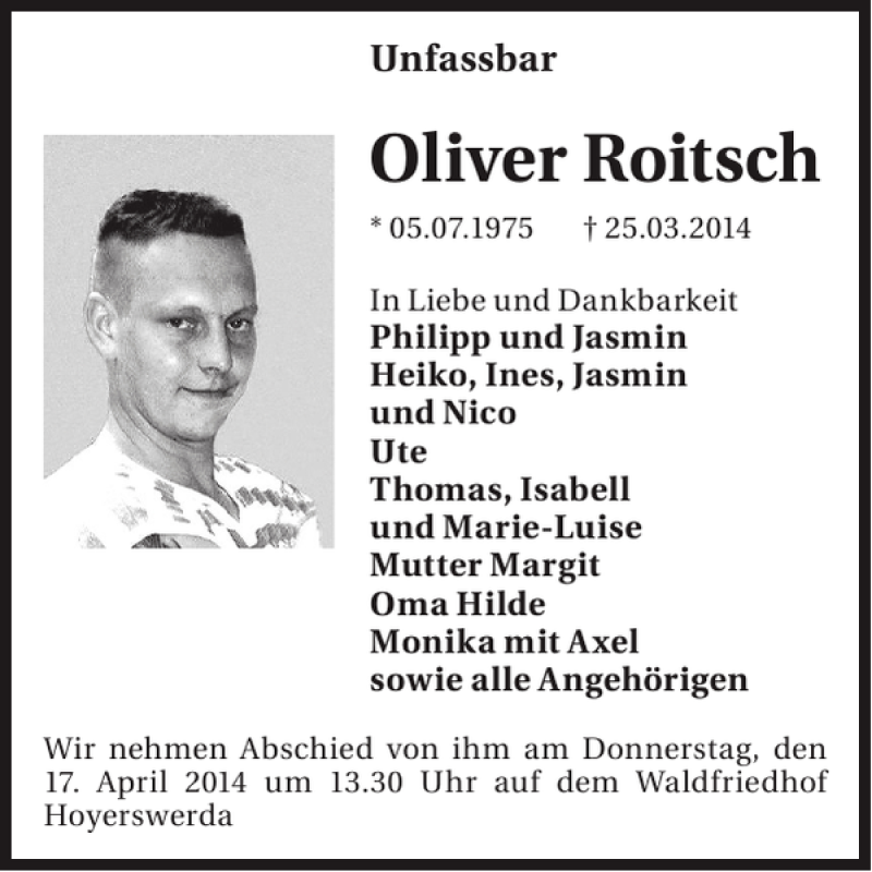  Traueranzeige für Oliver Roitsch vom 09.04.2014 aus Wochen Kurier