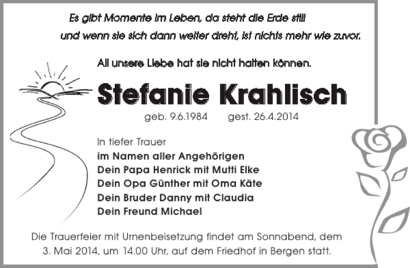  Traueranzeige für Stefanie Krahlisch vom 30.04.2014 aus WochenKurier