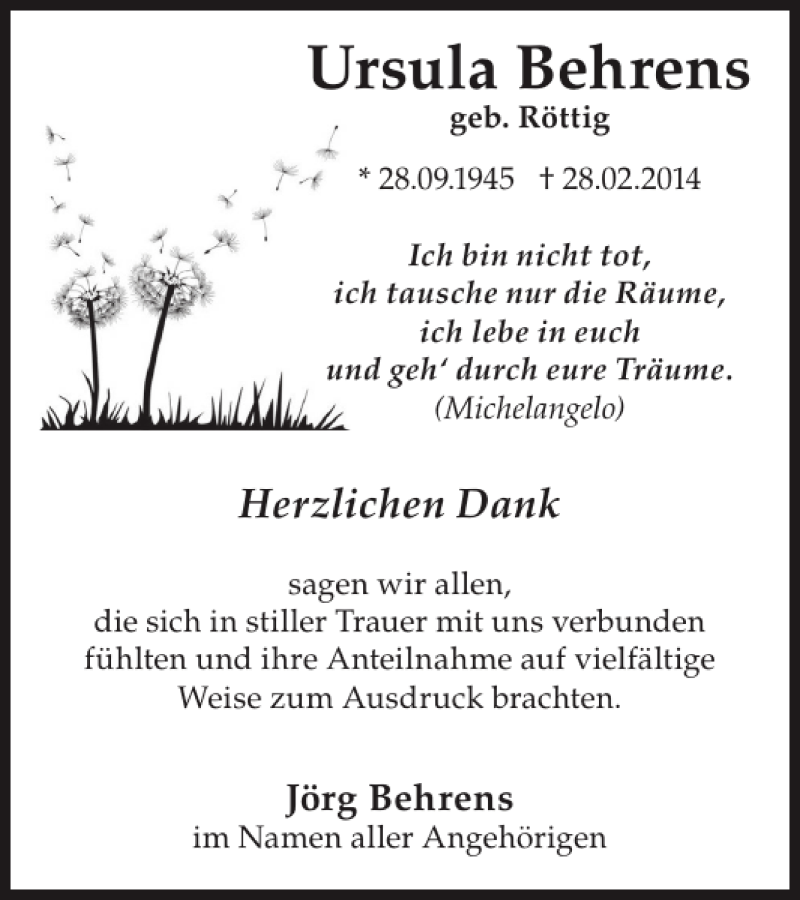  Traueranzeige für Ursula Behrens vom 09.04.2014 aus WochenKurier