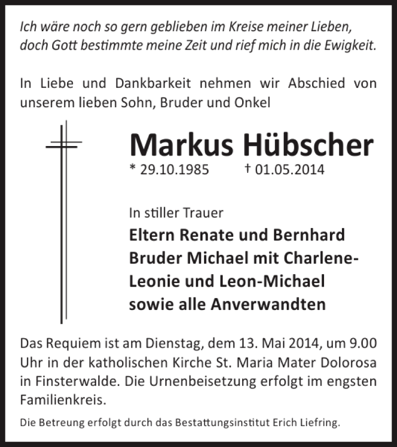  Traueranzeige für Markus Hübscher vom 07.05.2014 aus WochenKurier
