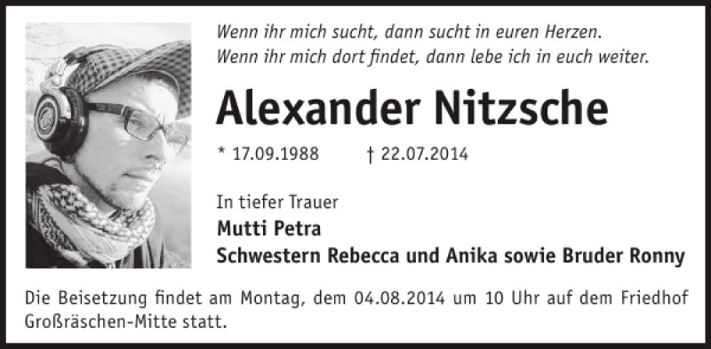  Traueranzeige für Alexander Nitzsche vom 30.07.2014 aus WochenKurier