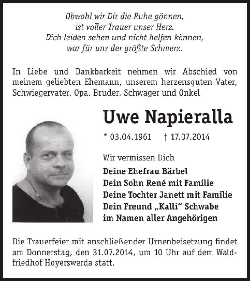  Traueranzeige für Uwe Napieralla vom 23.07.2014 aus WochenKurier
