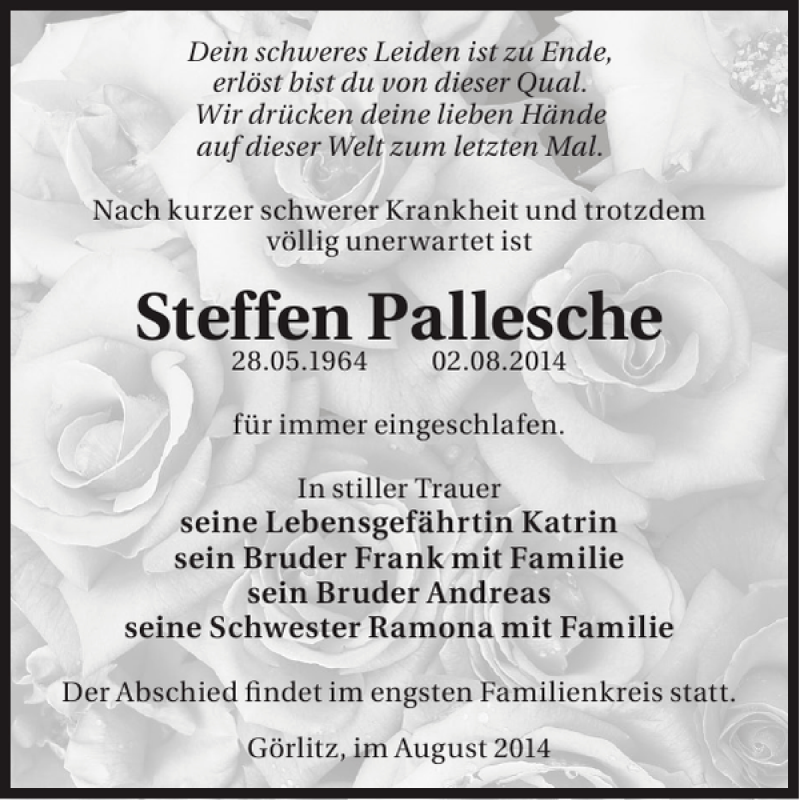  Traueranzeige für Steffen Pallesche vom 06.08.2014 aus WochenKurier